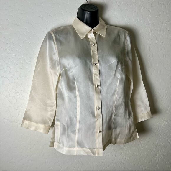 Harold's Tops - Harold's Silk Ivory Jewel Diamond Button Hem Dressy Cocktail Party Blouse S